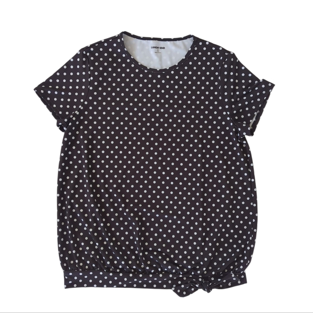 Lands' End Polka Dot Short Sleeve Top with Tie at Hem MEDIUM 10-12 Black White